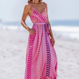*NEW* CUPSHE Pink V-Neck Belted Maxi Dress Medium